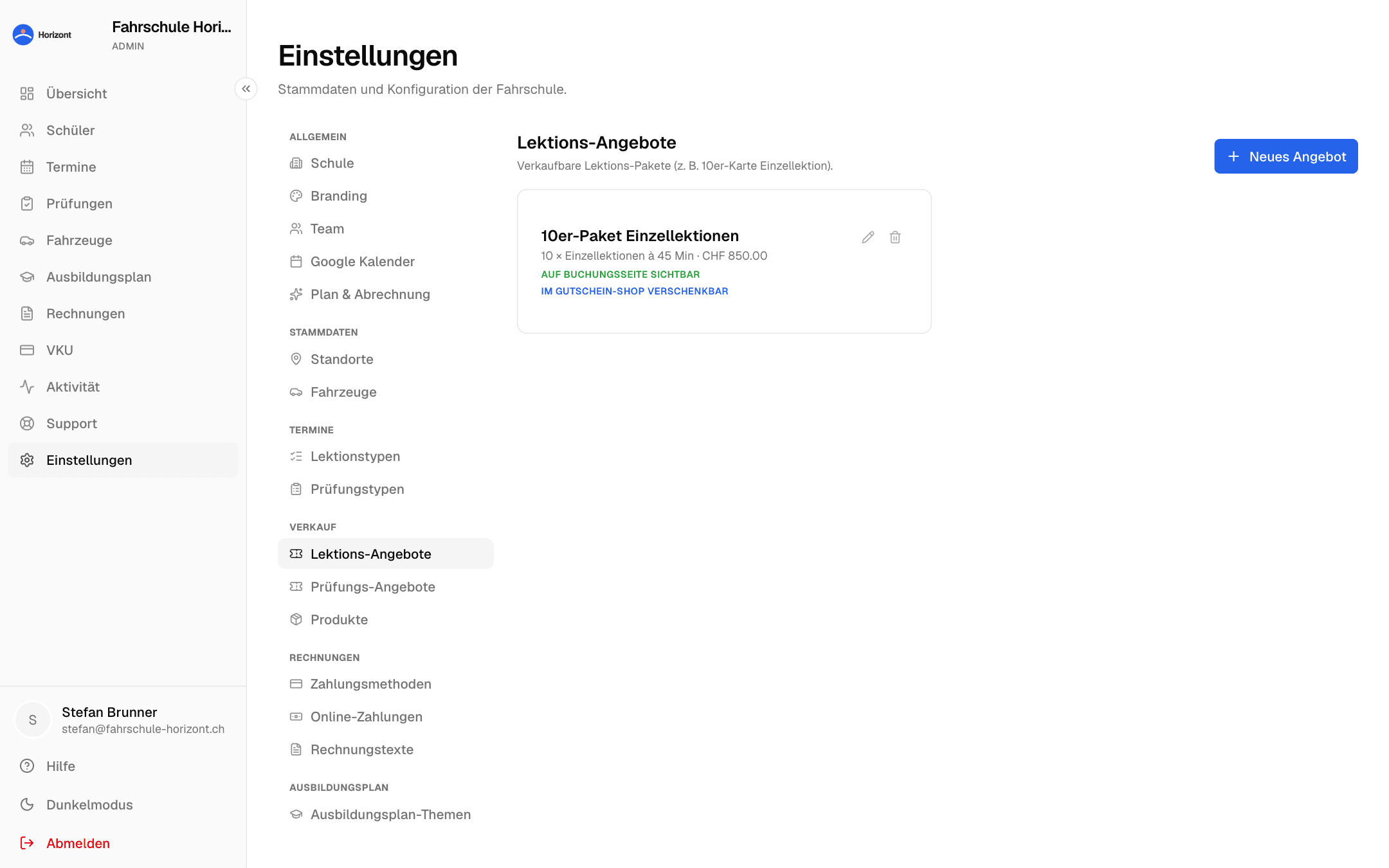 Einstellungen → Angebote mit Paketen und Preisen