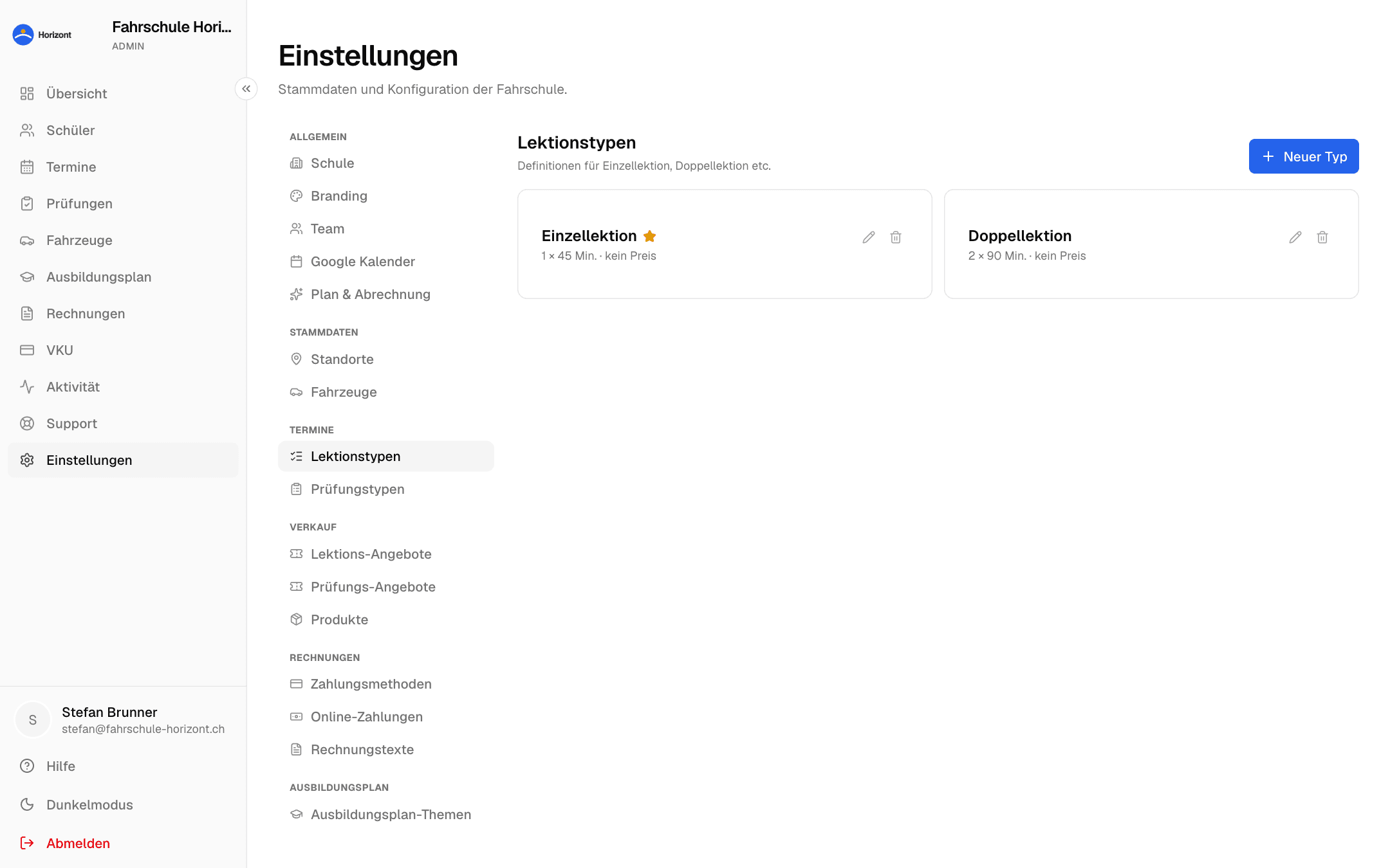 Einstellungen → Lektionstypen mit Dauer und Preis pro Typ