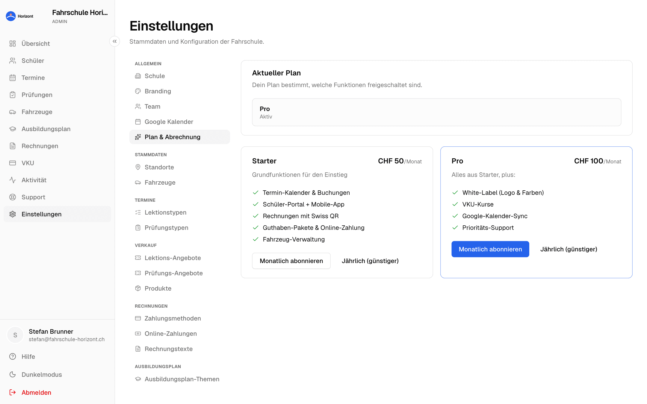 Einstellungen → Plan mit Starter und Pro im Vergleich