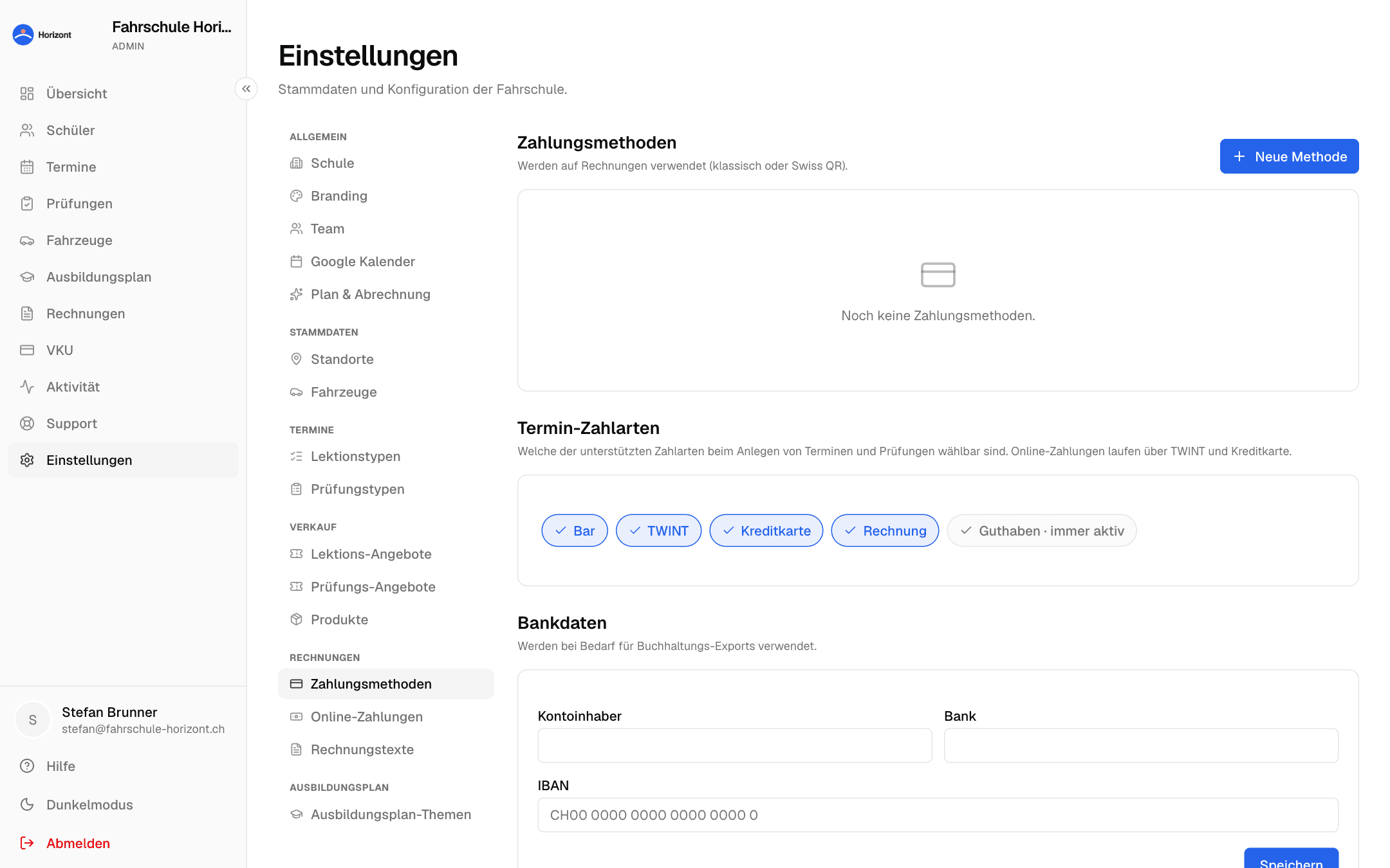 Einstellungen → Zahlungsmethoden mit Bar, TWINT, Kreditkarte und Rechnung