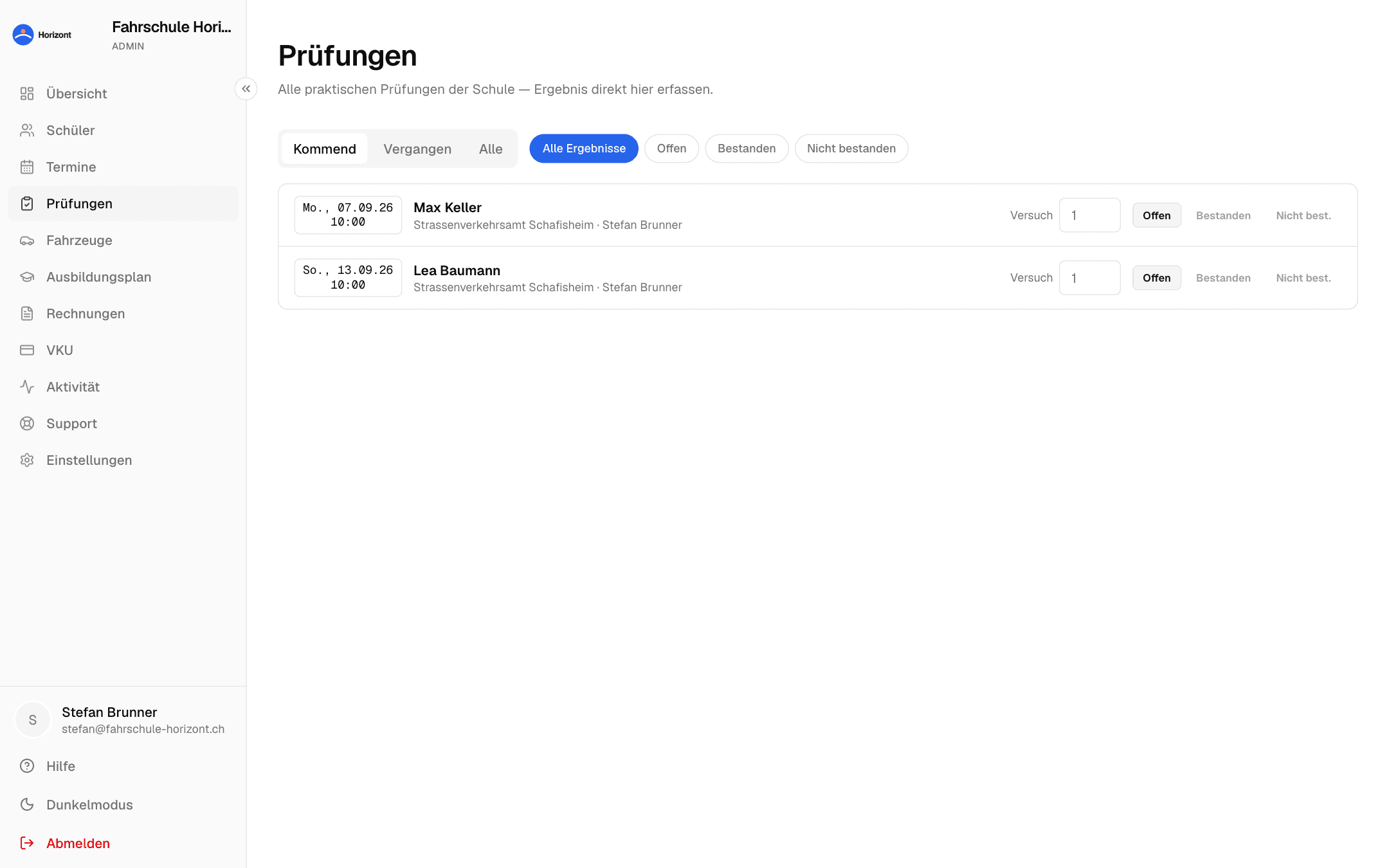 Prüfungsübersicht mit anstehenden und vergangenen Prüfungen