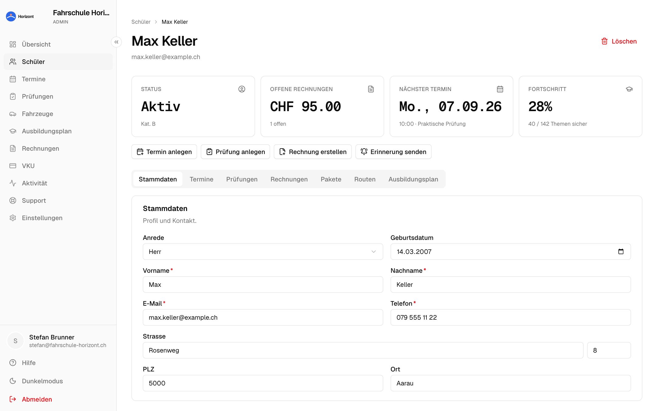 Detailansicht eines Schülers mit Kennzahlen, Schnellaktionen und Tabs
