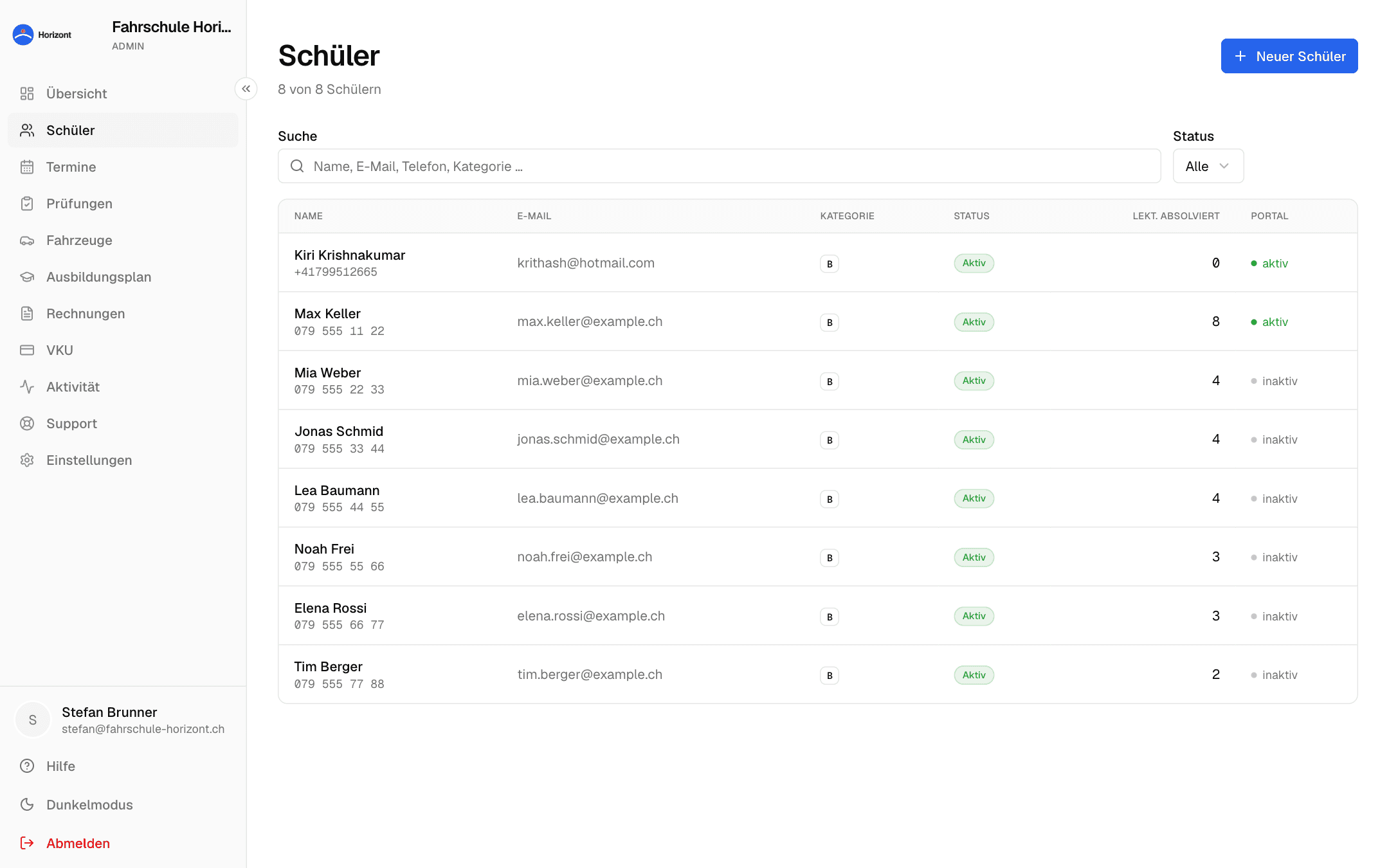 Schülerliste mit Status, Kategorie, Fahrlehrer und Suche