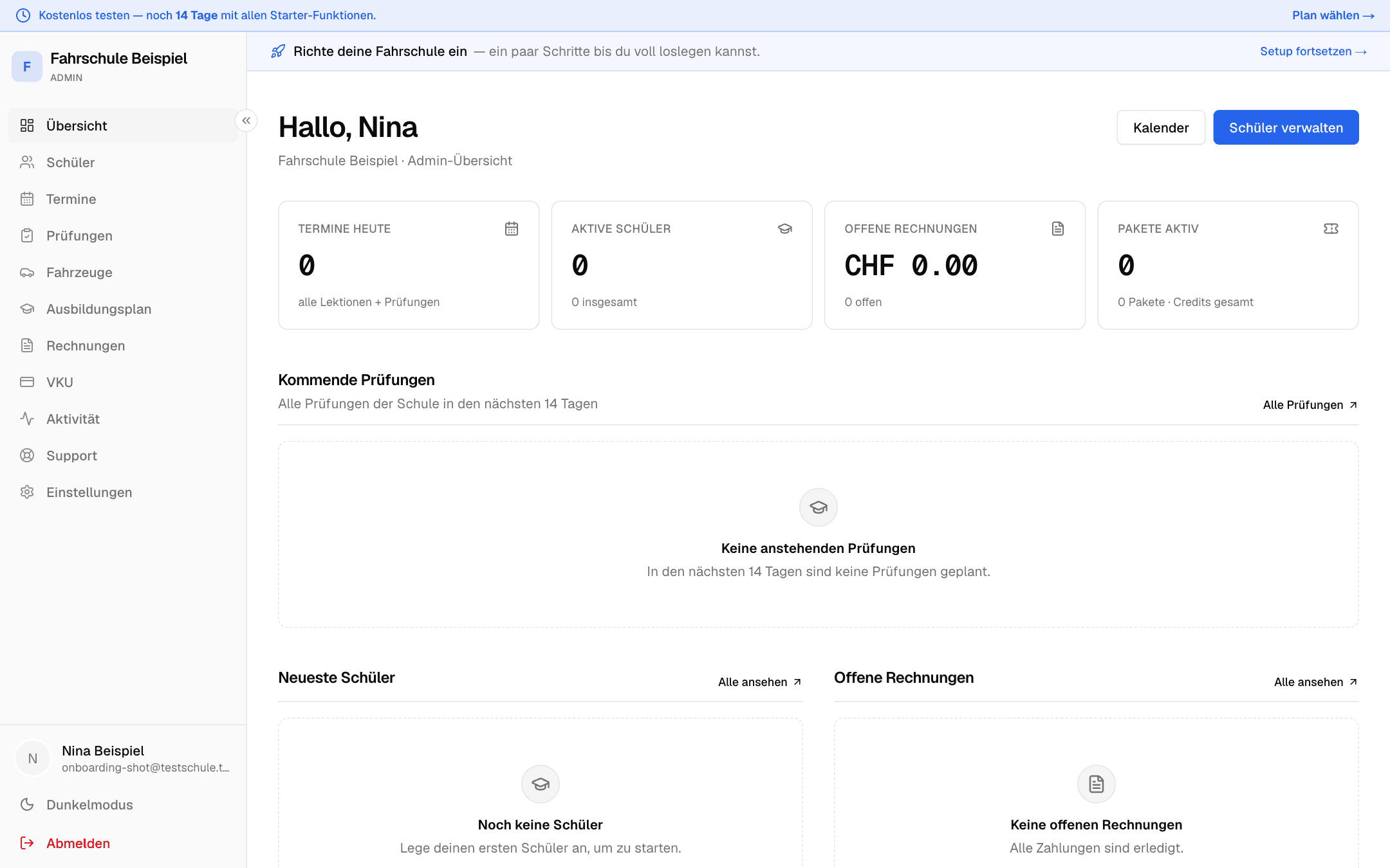 Blaues Banner über dem Dashboard mit den verbleibenden Tagen der Testphase