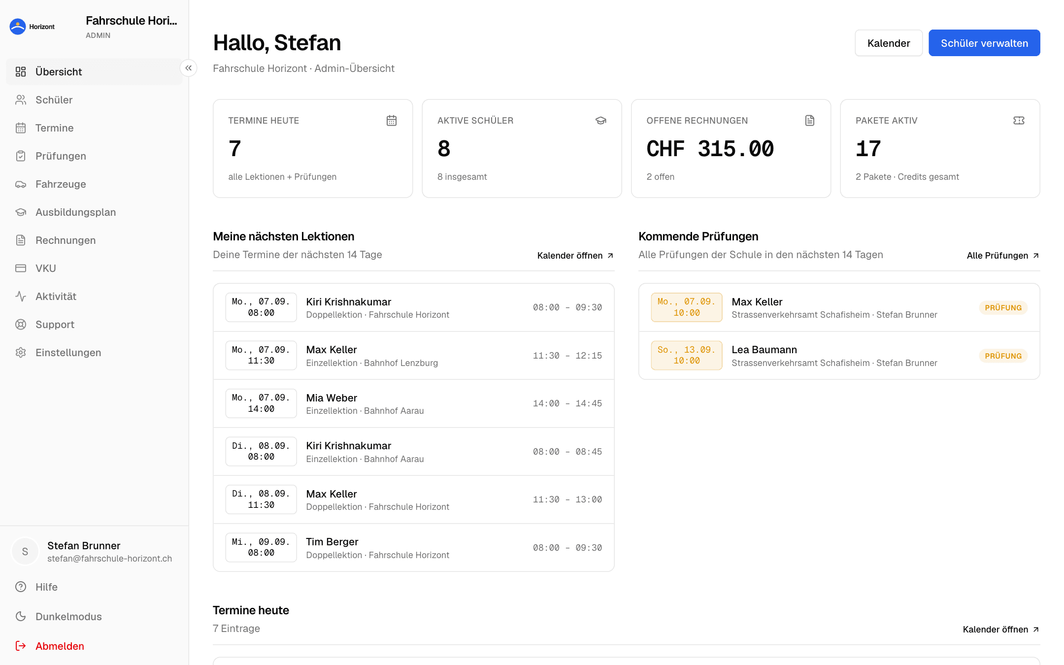 Dashboard der Fahrschule mit Kennzahlen und heutigen Terminen