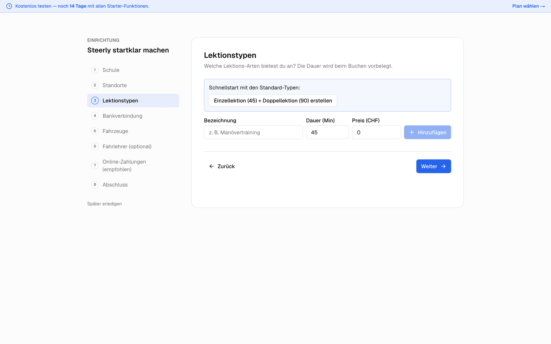 Schritt Lektionstypen im Onboarding mit Name, Dauer und Preis