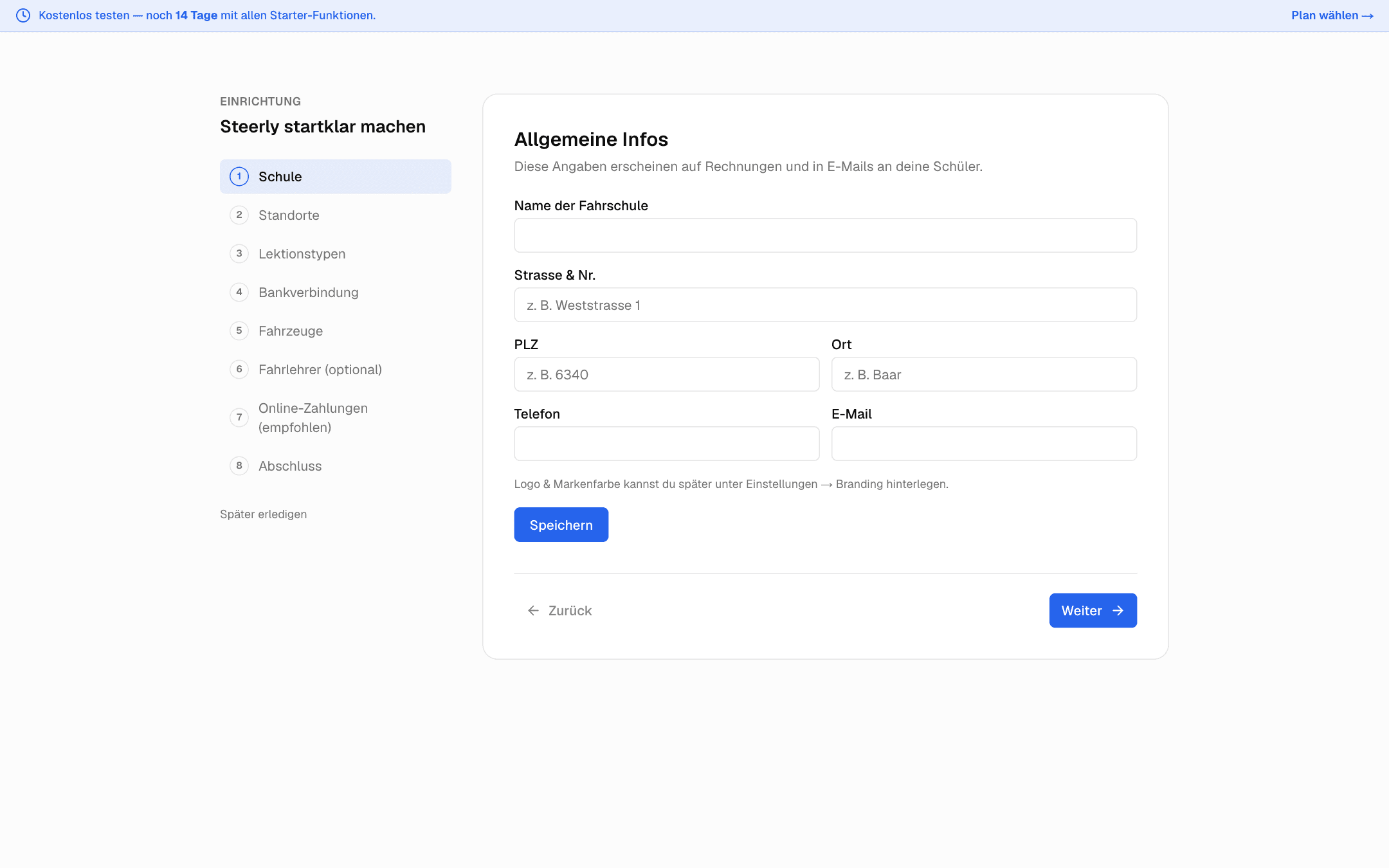 Onboarding-Wizard mit acht Schritten links und dem Formular «Allgemeine Infos»