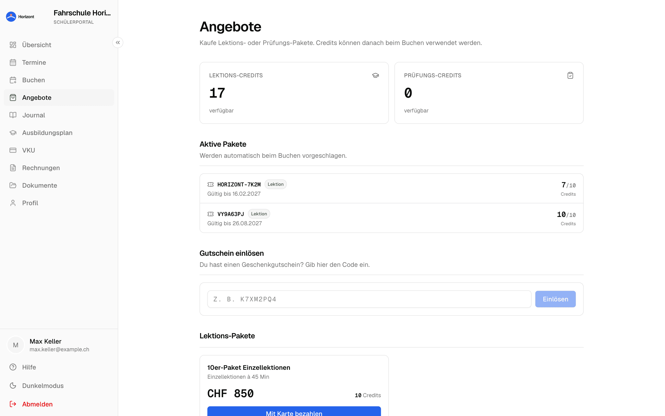 Angebote im Schülerportal mit Paketen und Preisen