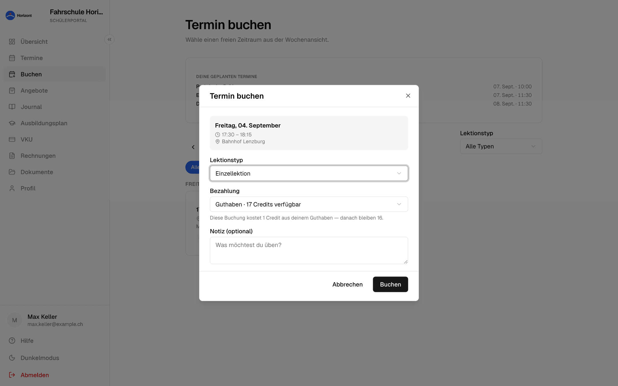 Dialog «Termin buchen» mit Lektionstyp, Bezahlung über Guthaben und Notiz