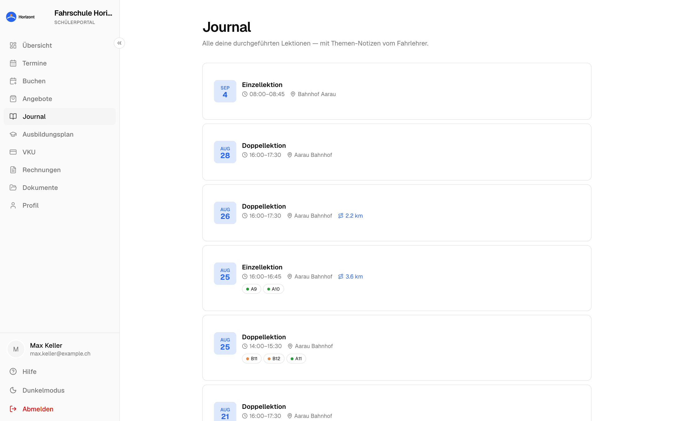 Journal im Schülerportal mit Einträgen pro Lektion