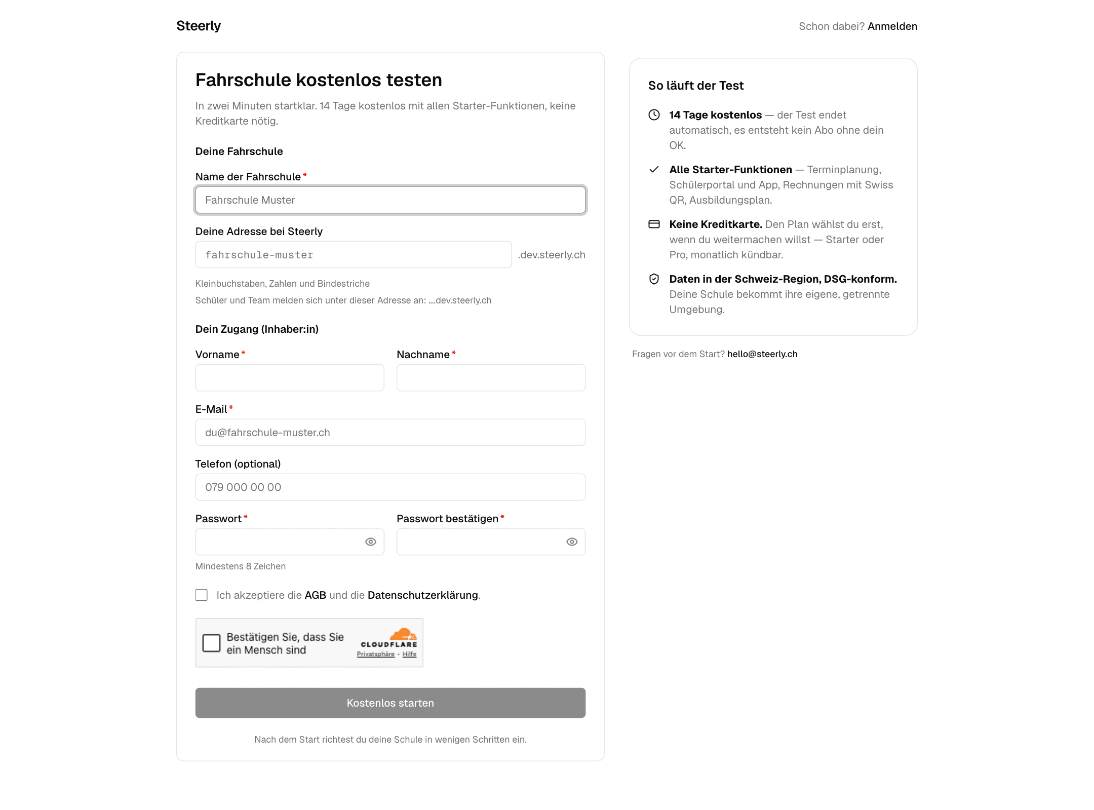 Registrierungsformular «Fahrschule kostenlos testen» mit Feldern für Schule, Adresse und Inhaber-Zugang